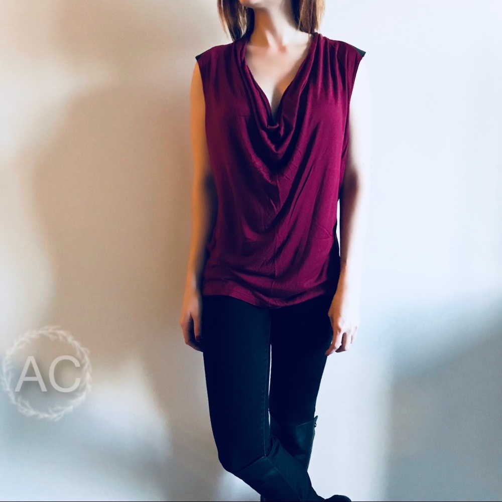 Velvet - Burgundy Cap Sleeve Top w/ Faux Leather